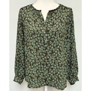 Talbots Long Sleeve Top Petite Medium Peacock Feather 1/2‎ Button Front Blouse